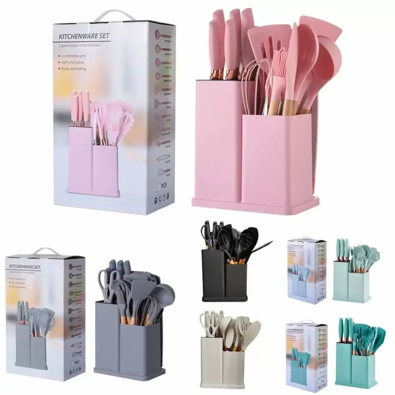 Kitchen Set Lux - Conjunto de Utensílios de Cozinha 19 Peças - Antiaderente com Cabos de Madeira - achatudostore