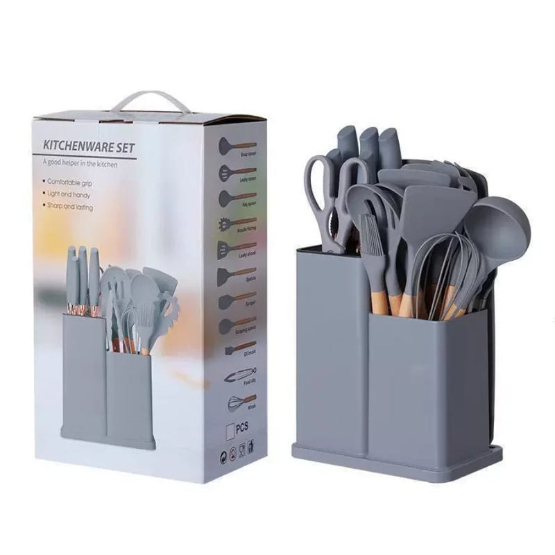 Kitchen Set Lux - Conjunto de Utensílios de Cozinha 19 Peças - Antiaderente com Cabos de Madeira - achatudostore